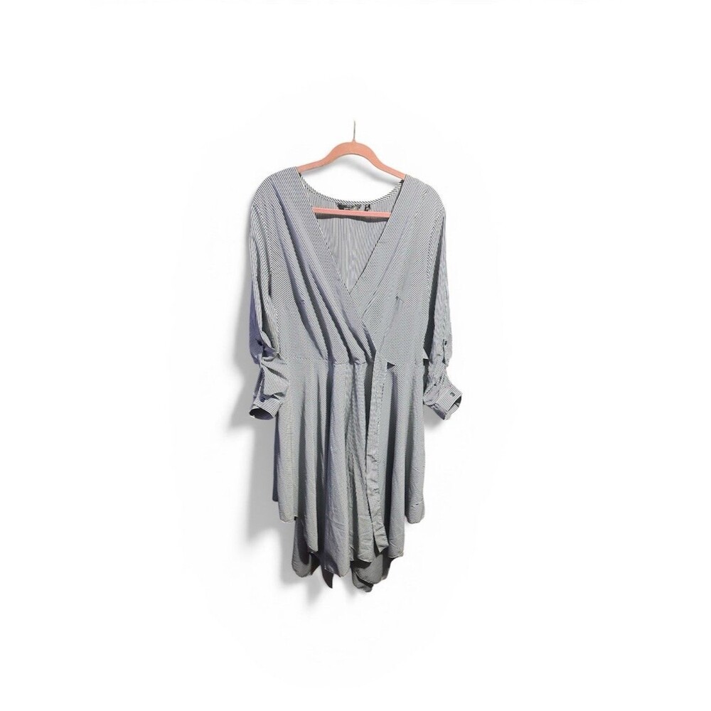 Mlle Gabrielle Handkerchief Dress Women’s 2X Faux Wrap Pinstripe Asymmetrical